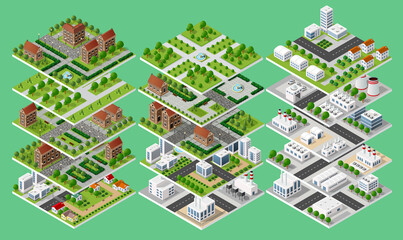 Set of isometric city tiles representing urban infrastructure, parks, and industrial areas for game development