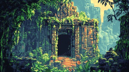Explore an 8-bit pixel art jungle temple filled with vines, hidden treasures, and pixelated wildlife, showcasing ultra-detailed design.