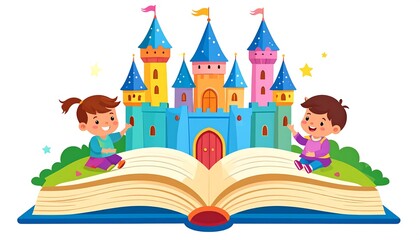 Two children sit on a giant open book, looking at a colorful fairytale castle.