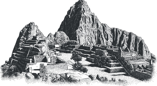 Historic illustration of Machu Picchu showcasing its ancient Incan architecture and mountainous landscape.