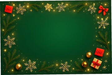 Elegant Christmas background with a festive border of pine branches, golden snowflakes, and red gift boxes on a dark green textured surface