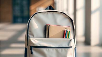 Back to school concept. School backpack with books and pencils on blurred background