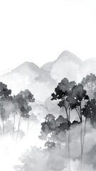 Misty mountain range with trees