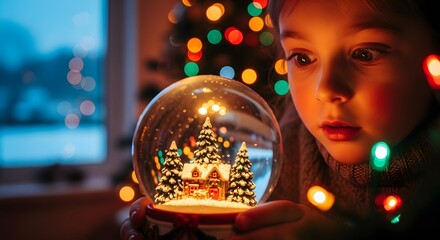 A young child gazes intently at a snow globe containing a miniature winter village and christmas tree, with festive lights blurred in the foreground