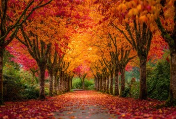 Pathway lined with trees in vibrant autumn colors of yellow, orange, and red with leaves covering the path and branches above