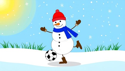 A cheerful snowman, adorned with a red hat and blue scarf, plays with a soccer ball on a snowy landscape.