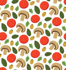 Seamless pattern with mushrooms, tomatoes, basil, olives and parsley leaves. Colorful background with vegetables	