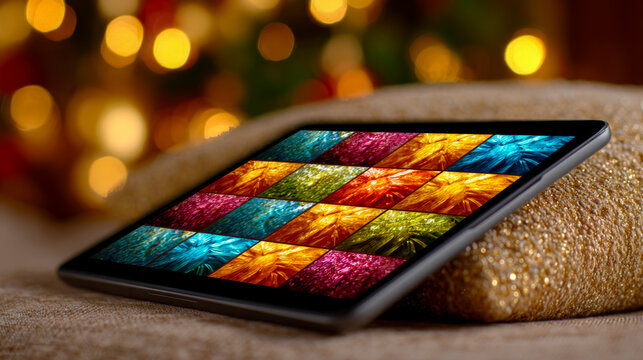 Online Christmas shopping on a tablet with festive holiday lights.