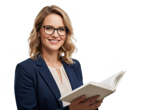 Smiling woman in glasses holding an open book isolated on transparent background