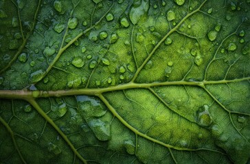 Fototapeta premium Close-up of a wet, bright green leaf showing intricate vein structure, covered in gleaming water droplets under moody, natural lighting