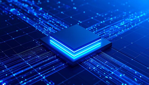 A sophisticated, dark blue, digital circuit board showcases a prominent, luminous, square processor chip, highlighting complex technology. - Powered by Adobe