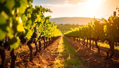 Lush vineyard rows bathed in golden sunset light