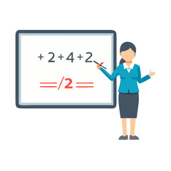 Vector illustration of teacher explaining math equation on board, flat clean design classroom education concept

