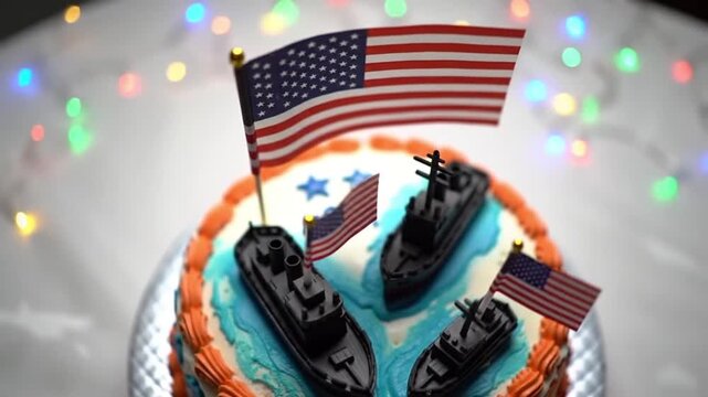 A festive cake decorated with American flags and miniature naval ships, celebrating a patriotic occasion.