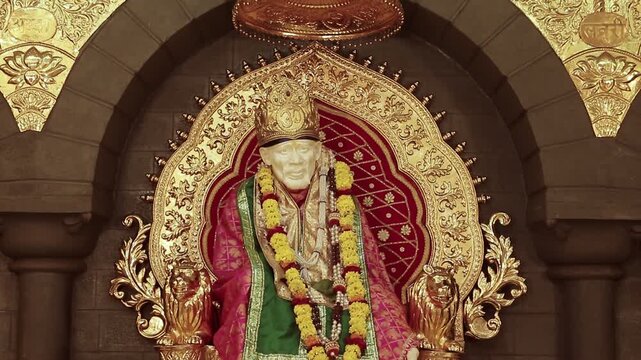Sai Baba is seated peacefully in the temple, radiating a divine positive aura that fills the atmosphere with serenity and devotion