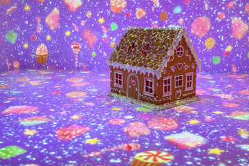 whimsical gingerbread house adorned with virtual projections of festive treats perfect for children party
