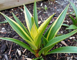 Striped plant in garden soil