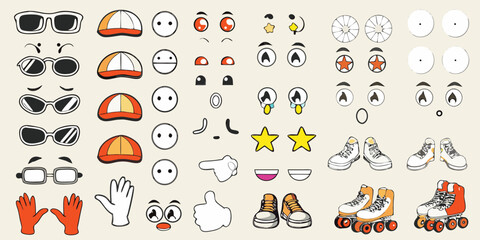 Collection of cartoon elements for character creation including sunglasses hats eyes mouths hands shoes and roller skates