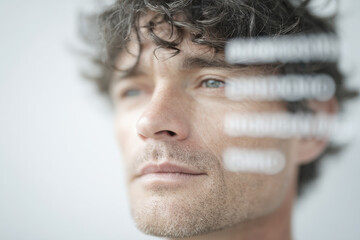 minimalist portrait of person surrounded by blurred white text bars displaying ar names