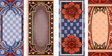 Four vertical decorative panels with floral and geometric art nouveau inspired designs