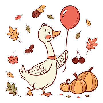 Naklejki Dreamy Goose with with a balloon, set in a charming Thanksgiving theme – Harvest Blessings color vector art