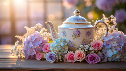 Elegant teapot and floral arrangement capturing timeless beauty for celebrations and gatherings