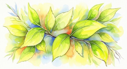 A vibrant watercolor painting showcases a cluster of lush green and yellow leaves on a branch, bathed in soft, diffused light.