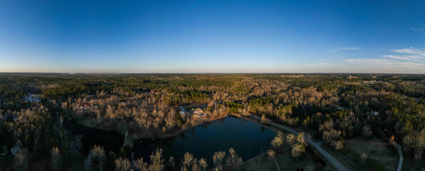 Aerial landscape rural neighborhood winter after Hurricane Helene in Appling Augusta Georgia