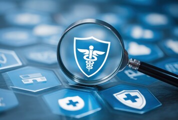 A close-up of a magnifying glass over a shield emblem with a caduceus, surrounded by blue hexagonal icons. Macro abstract view