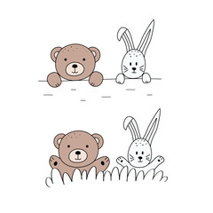 Cute cartoon teddy bear and bunny handdrawn. Vector illustration trend design for t shirt printing, graphic design, kids wear, girls clothes, poster