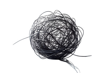Abstract concept of chaos and complexity represented by a messy tangled ball of black metal wire isolated on a plain white studio background