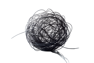 Abstract concept of chaos and complexity represented by a messy tangled ball of black metal wire isolated on a plain white studio background