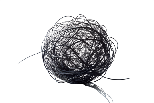 Abstract concept of chaos and complexity represented by a messy tangled ball of black metal wire isolated on a plain white studio background