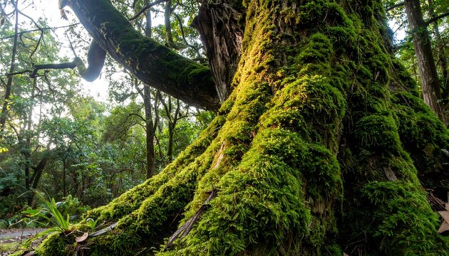 Moss-covered tree trunk in forest