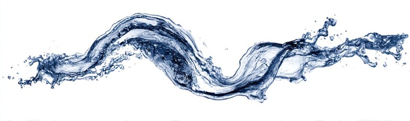 Obraz premium A curving, vibrant blue water stream with droplets and splashes, isolated against a bright white background, resembling a dynamic, fluid wave form