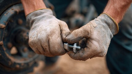 Mechanic working with metal bolt and wrench in garage setting  