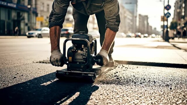 Man compacting asphalt on a city street using a small vibratory plate compactor for road maintenance footage.
