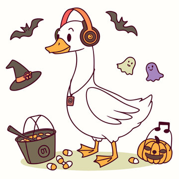 Naklejki Amused Goose with wearing headphones, set in a charming Halloween theme – Spooky Fun color vector art