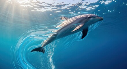 Fototapeta premium A graceful dolphin glides through the vibrant blue water, illuminated by sunbeams, showcasing its powerful movement with fluid lines.