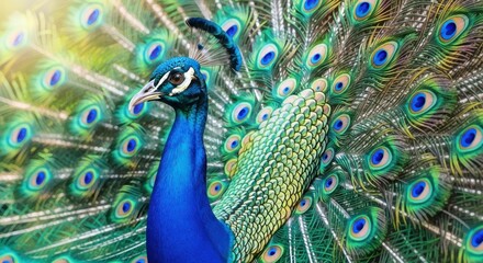 Obraz premium A magnificent peacock displays its vibrant plumage, showcasing a breathtaking array of blues, greens, and golds.