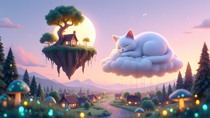 Whimsical 3D Render: Sleeping Cat on Cloud above Fantasy Village at Sunset