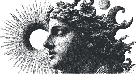 A detailed black and white illustration of a serene female face surrounded by celestial elements.