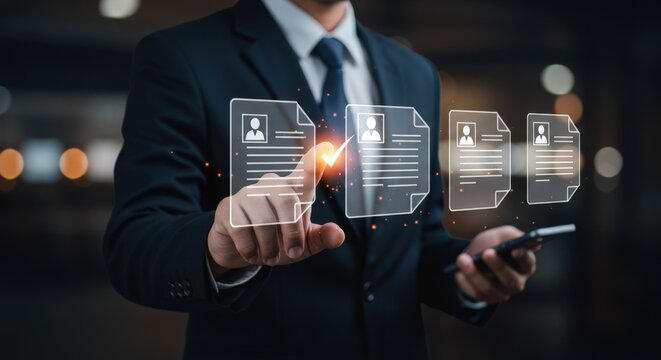 S&eacute;lection num&eacute;rique de CV par RH avec recruteur en ligne, choix du meilleur employ&eacute; et innovation en gestion des ressources humaines