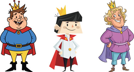 Cartoon Kings in Colorful Costumes, Smiling Royal Male Characters, Vector Illustration of Friendly, Happy, Playful Monarchs with Crowns