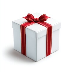 A plain, white gift box is adorned with a vibrant red and gold ribbon, creating a simple yet elegant presentation on a white background