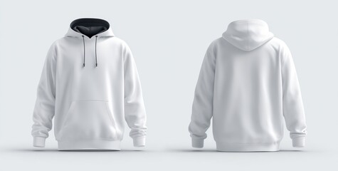 White hooded sweatshirt mockup, front and back views against a white background. Soft lighting showcases the garment's texture and form