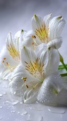 Delicate white alstroemeria flowers, spotted with yellow and brown markings, lie on a reflective surface with scattered water droplets