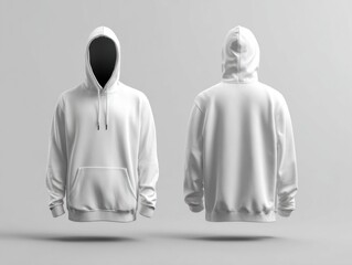 Two views of a white hoodie mockup, front and back, against a light grey background, with a minimalist, clean aesthetic and soft shadows
