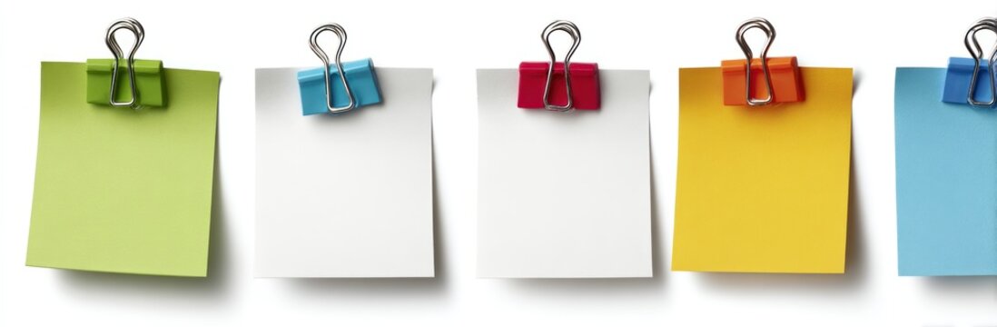 Five colorful sticky notes held by metal clips, arranged in a row on a white background. Pastel shades enhance a bright, organized aesthetic