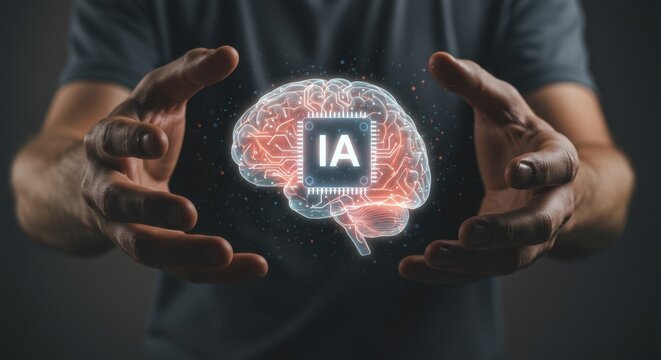 IA  Symbole d'ic&ocirc;ne- Cerveau num&eacute;rique avec puce d&rsquo;intelligence artificielle dans des mains humaines, symbole d&rsquo;innovation, de d&eacute;veloppement technologique et de s&eacute;curit&eacute; en ligne.